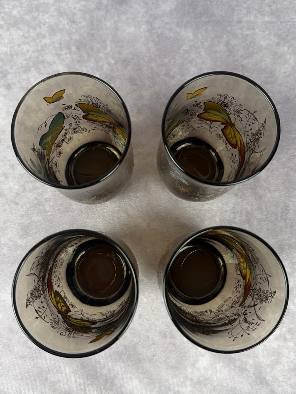VTG Butterfly Floral Smoky Brown 16 oz Iced Tea Tumblers Set of 4 READ